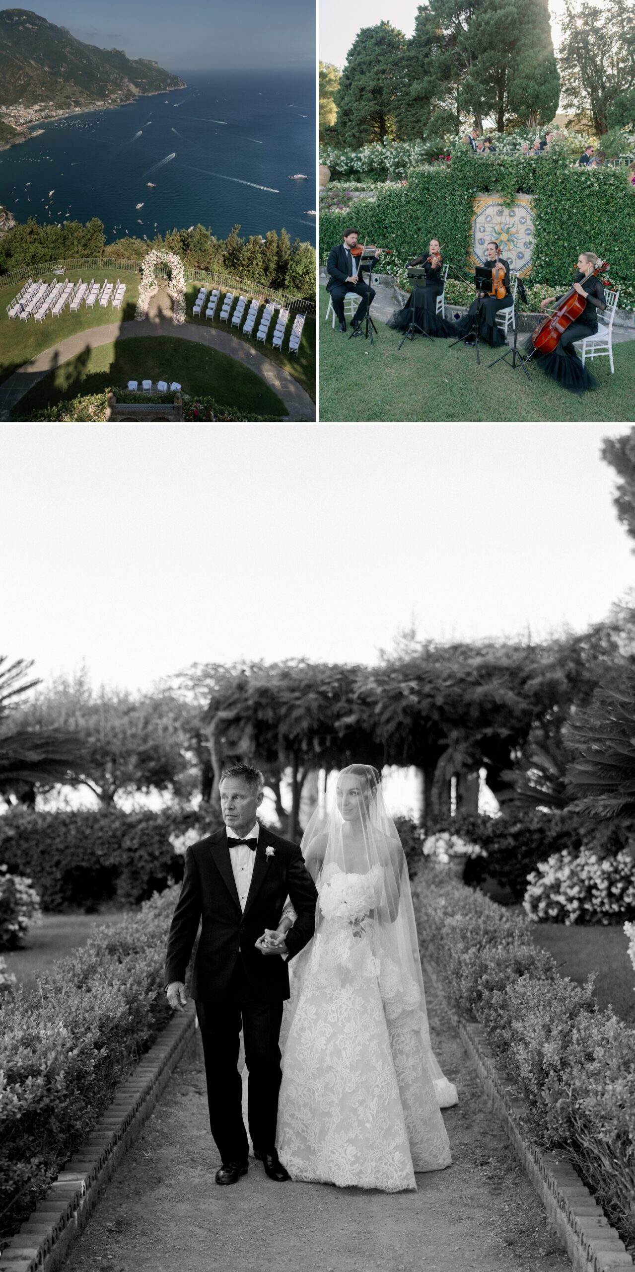 Outdoor ceremony space overlooking the water at Villa La Rondinaia