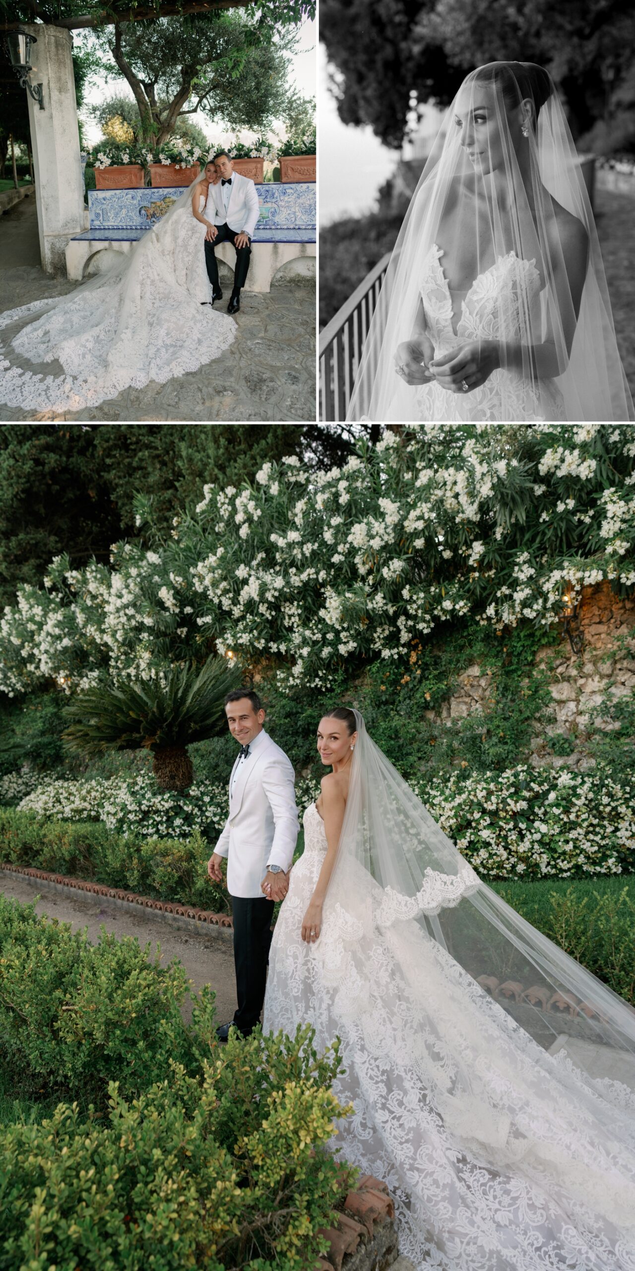 Bride and groom sitting on a blue tiled bench at Villa La Rondinaia