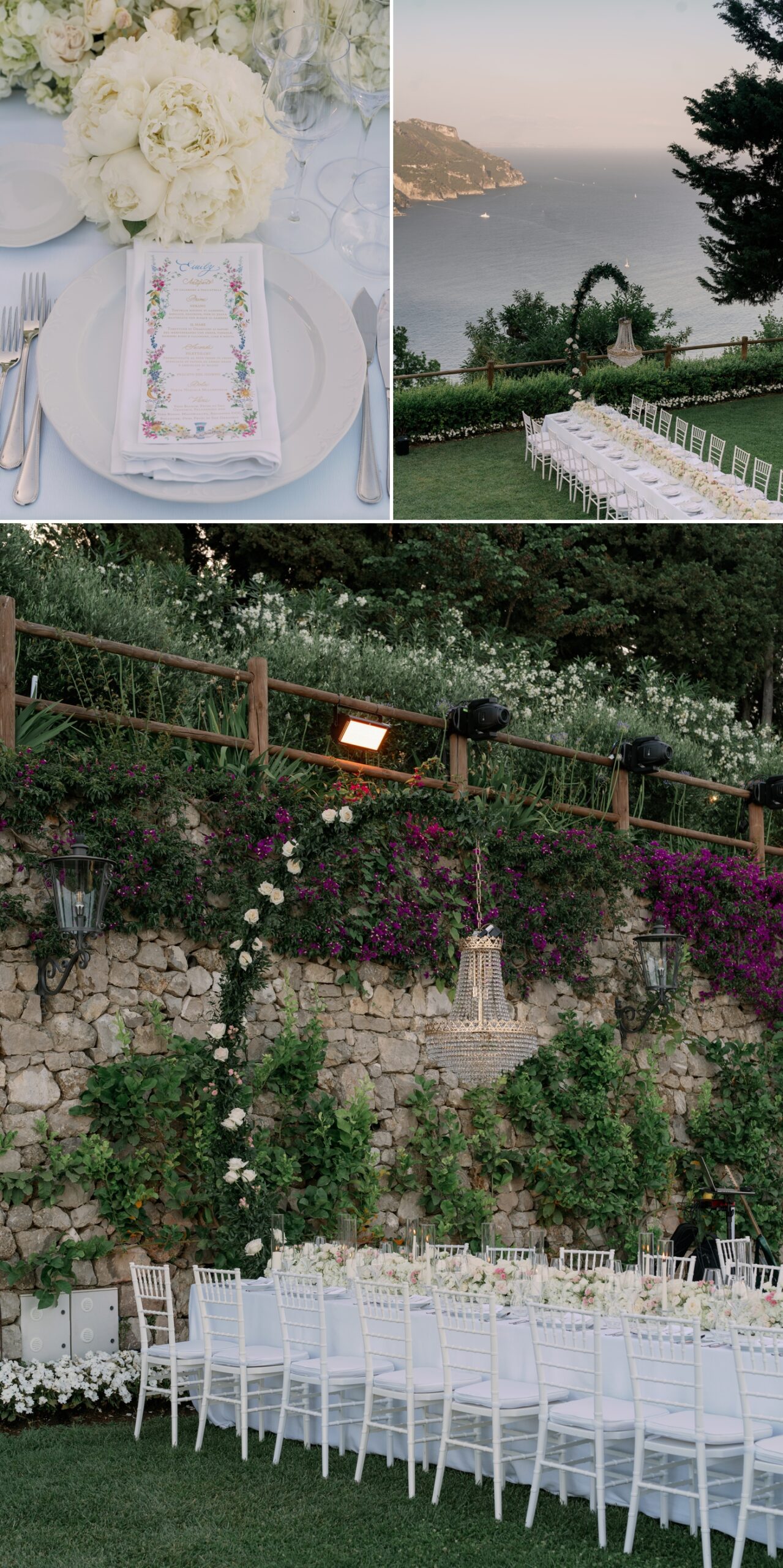 Al fresco wedding reception space overlooking the water with crystal chandeliers, white linens, and white floral arrangements 