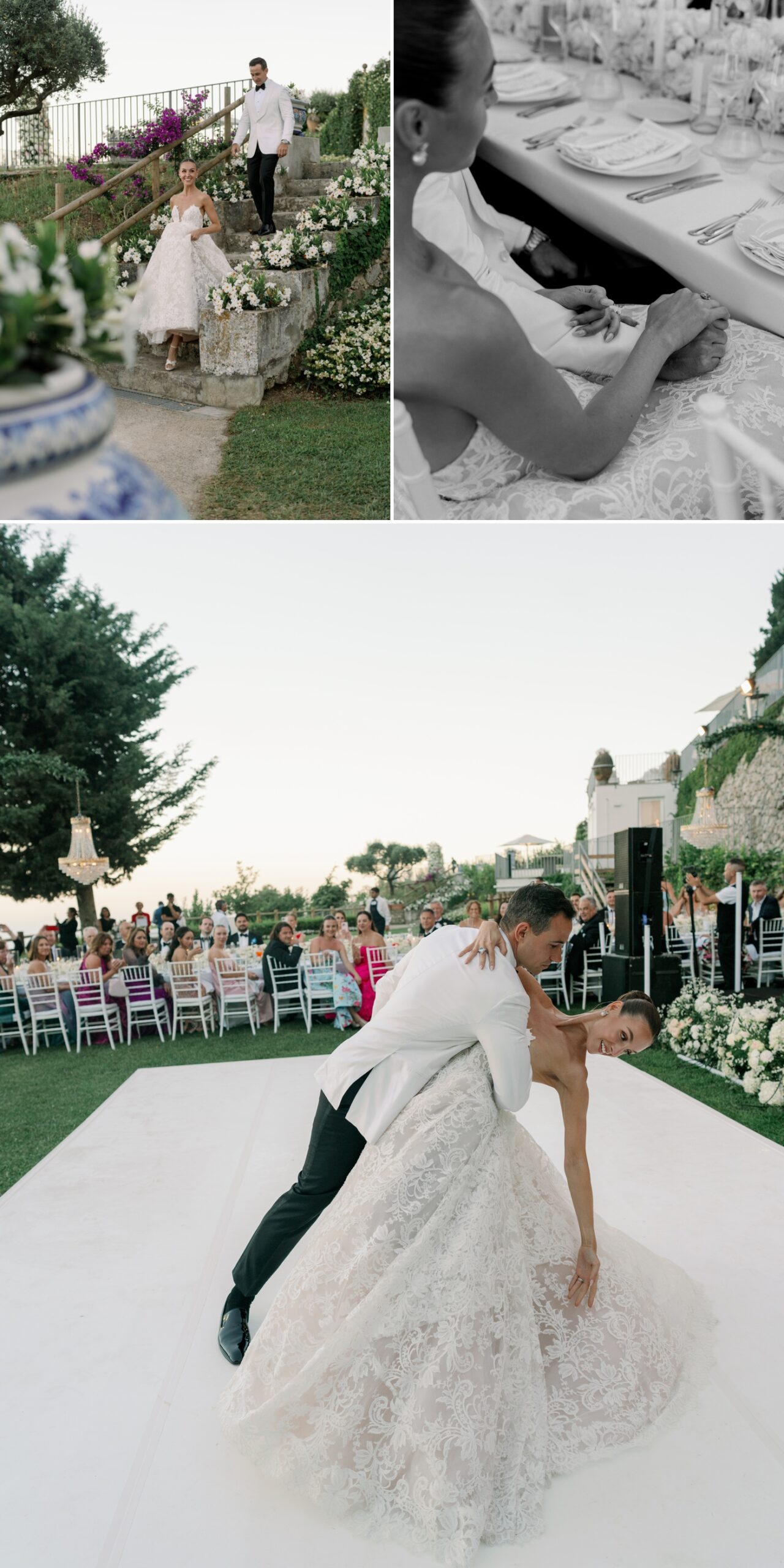 Bride and groom holding hands at the table during wedding speeches