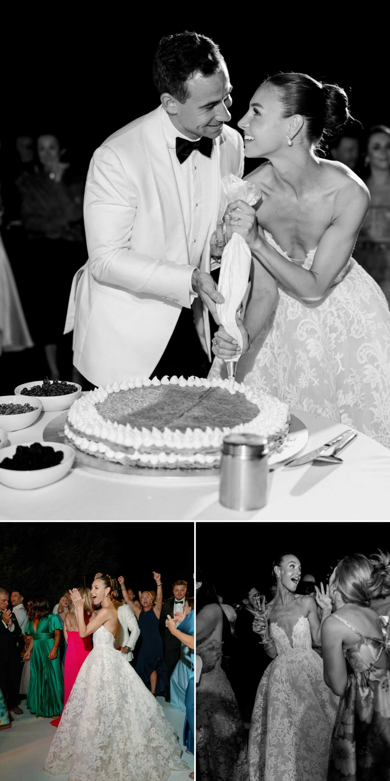 Bride and groom piping cream onto their millefoglie wedding cake 