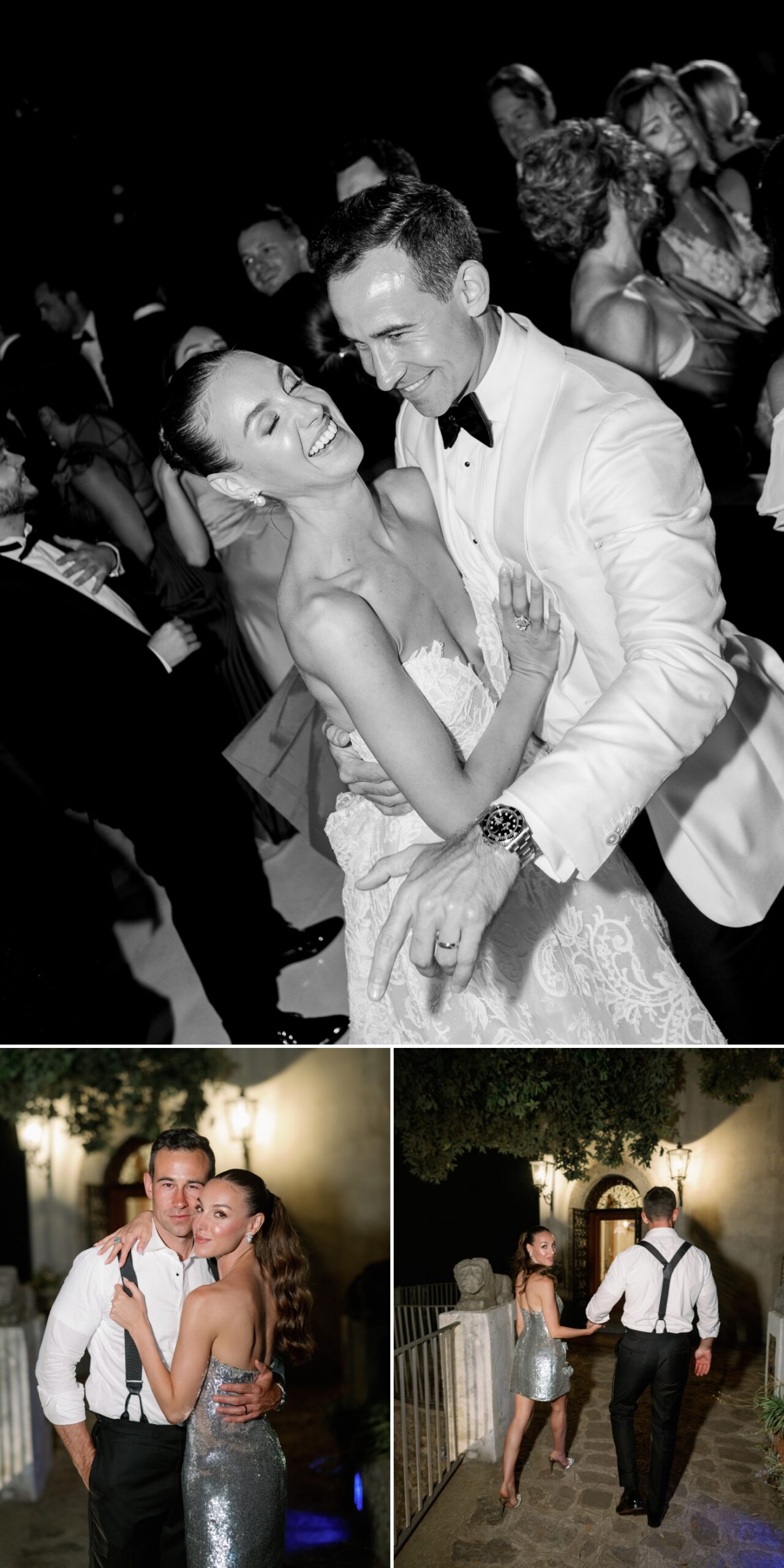 Black and white image of bride and groom laughing on the dance floor 