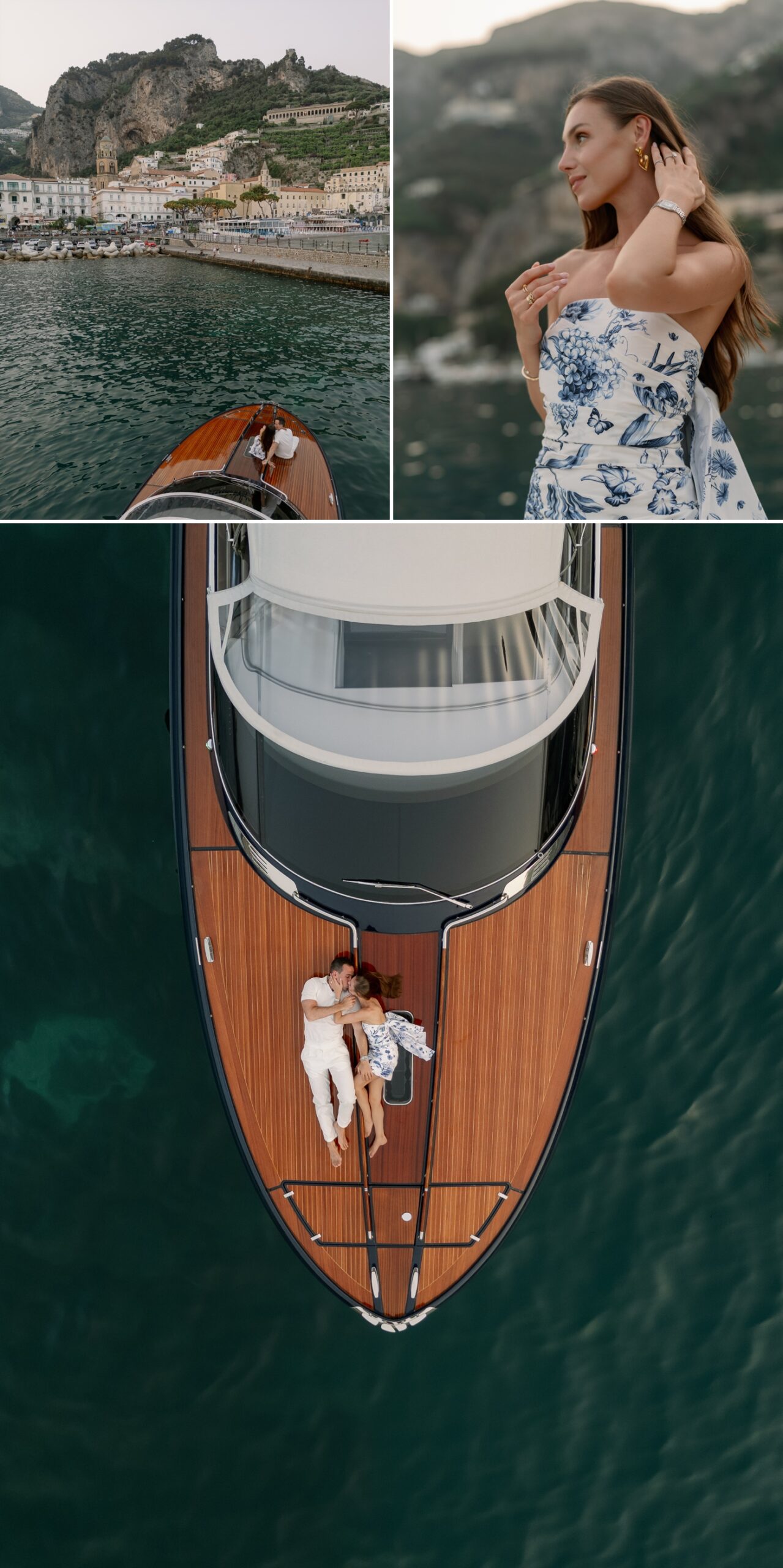 Overhead image of man and woman laying on the hull of a wooden boat kissing 