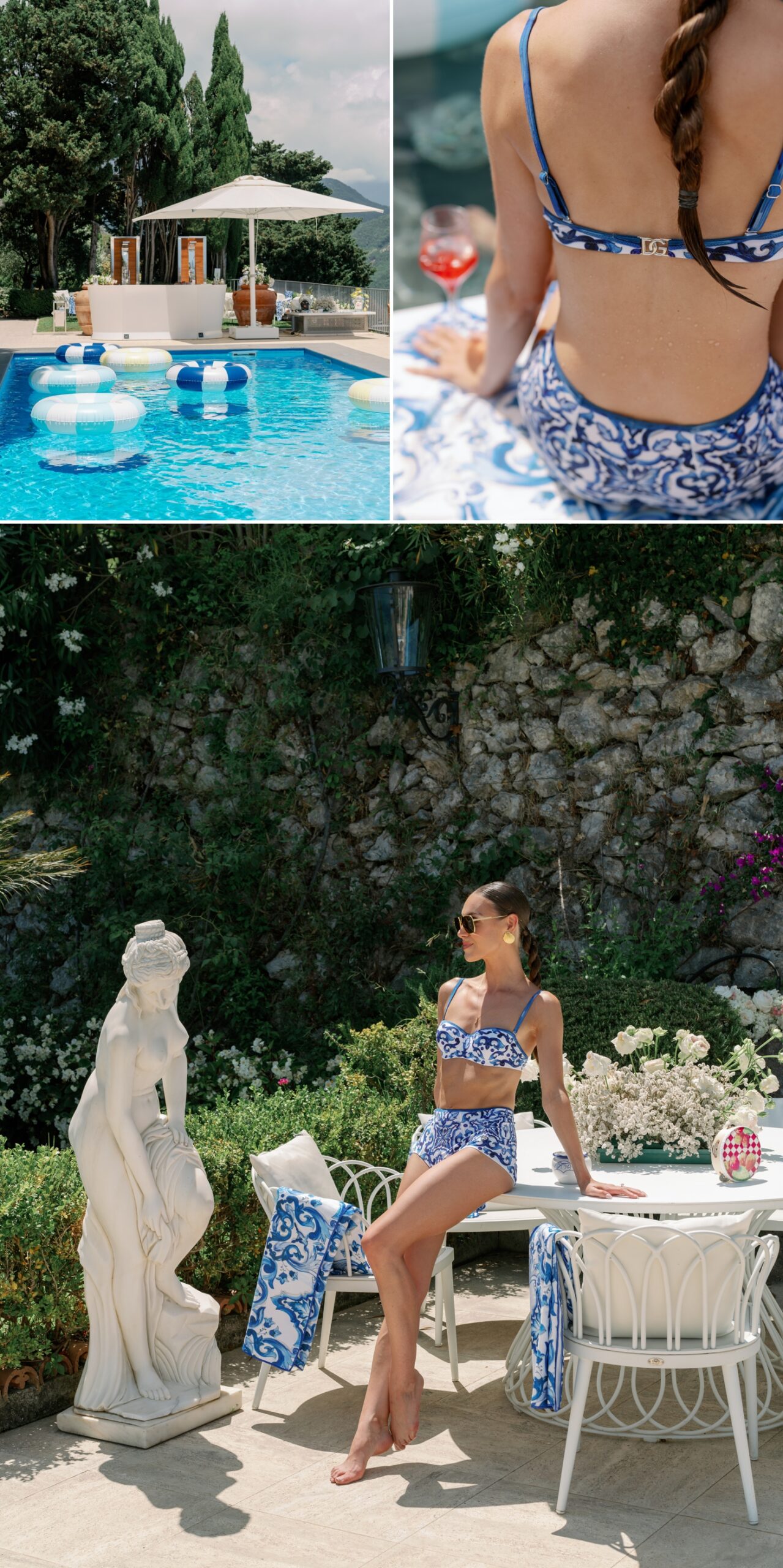 Woman leaning against a white table wearing a blue and white Dolce and Gabbana bikini next to a roman style statue  