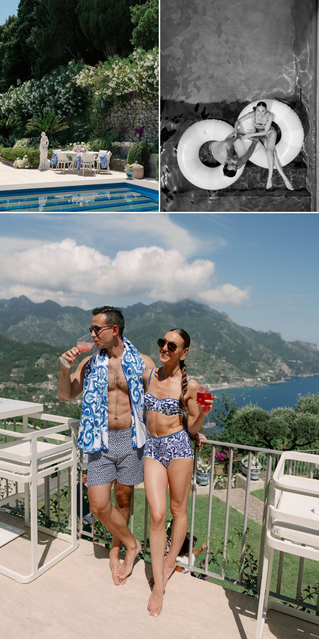 Man and woman wearing coordinating blue and white swimsuits sipping red drinks with the Amalfi coast in the background 