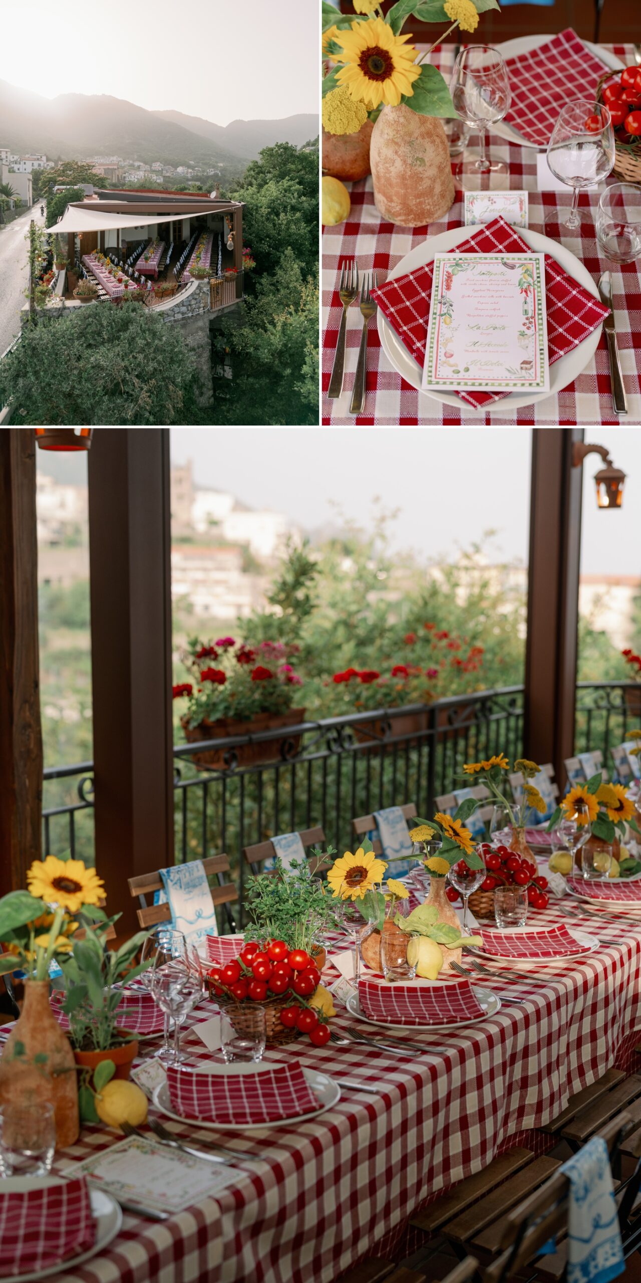 Rehearsal dinner space in Italy with red and white checkered linens, sunflowers, and tomatoes