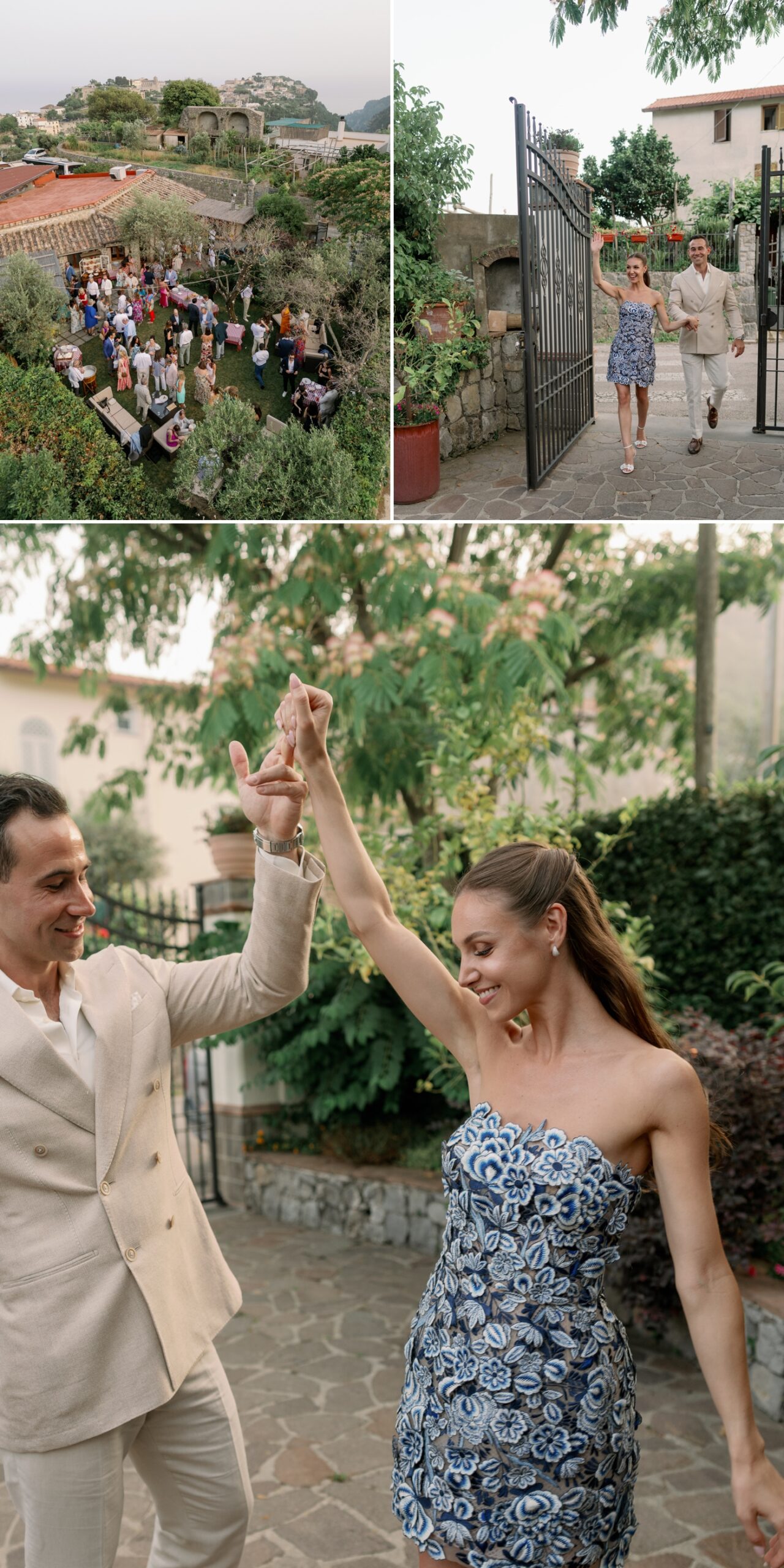 Bride and groom entering rehearsal dinner at Trattoria da Lorenzo