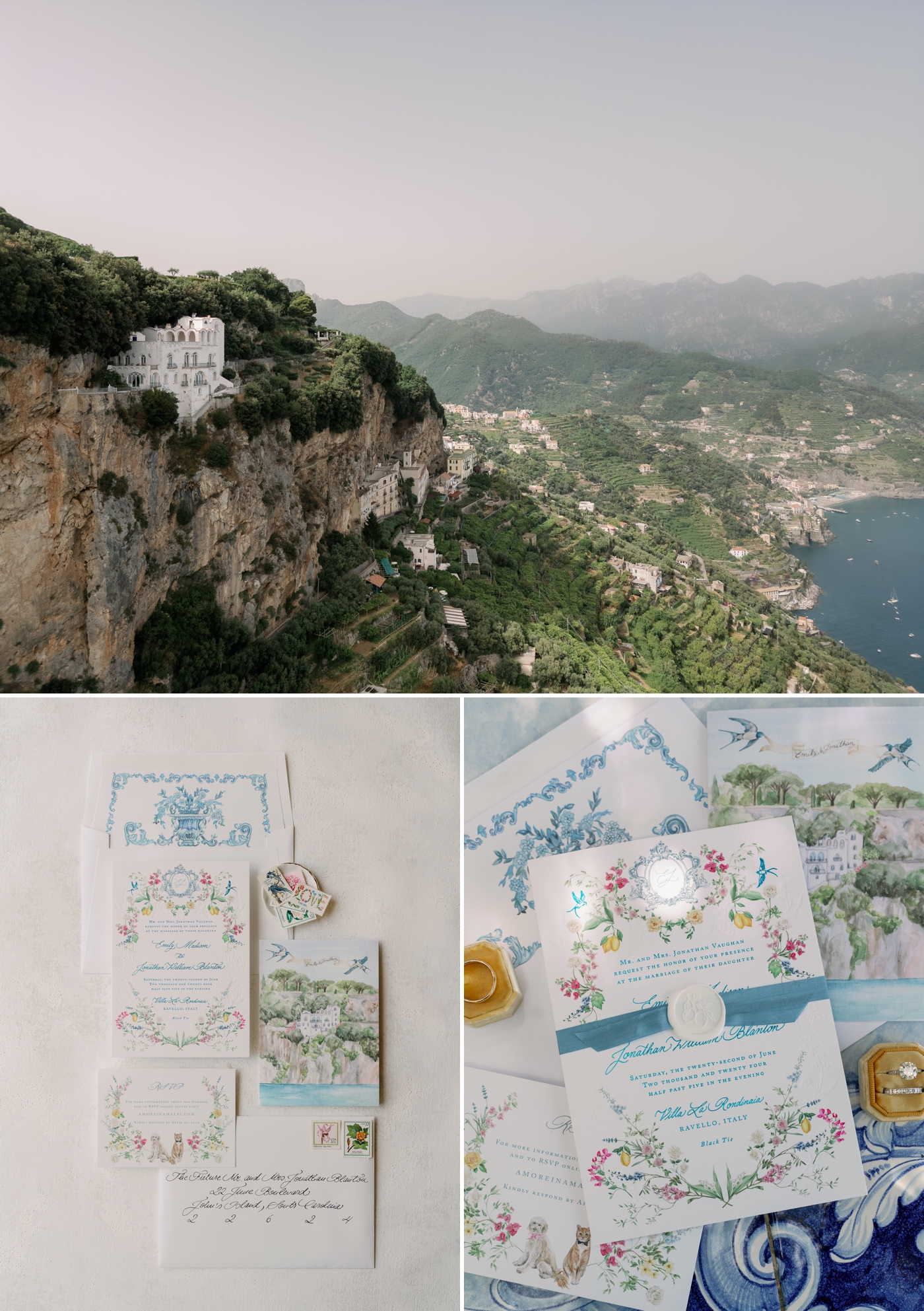 Blue and white watercolor stationery with floral illustration and custom painting of Villa La Rondinaia