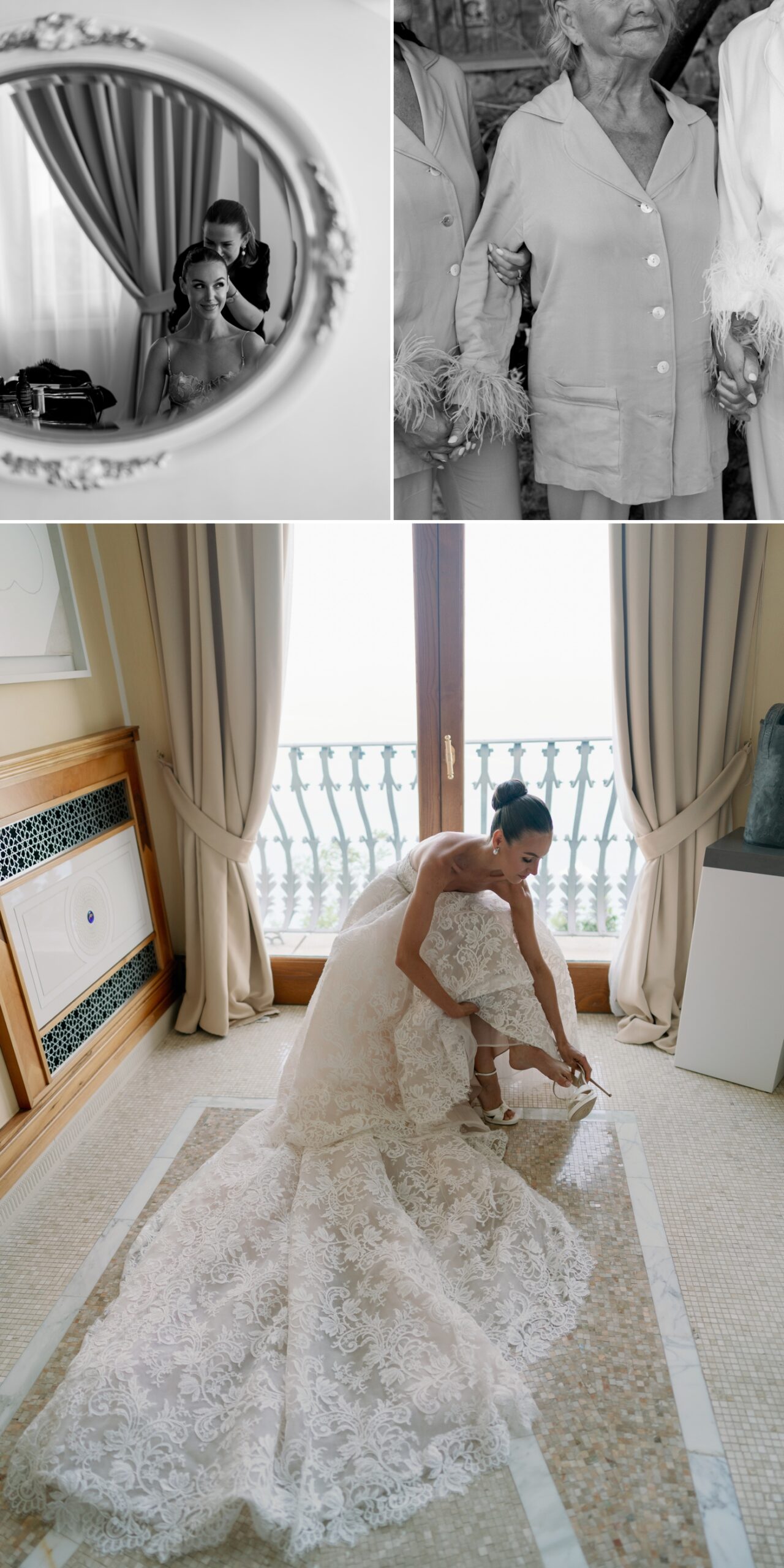 Bride wearing a Monique Lhuillier wedding gown, bending over to put on her shoes