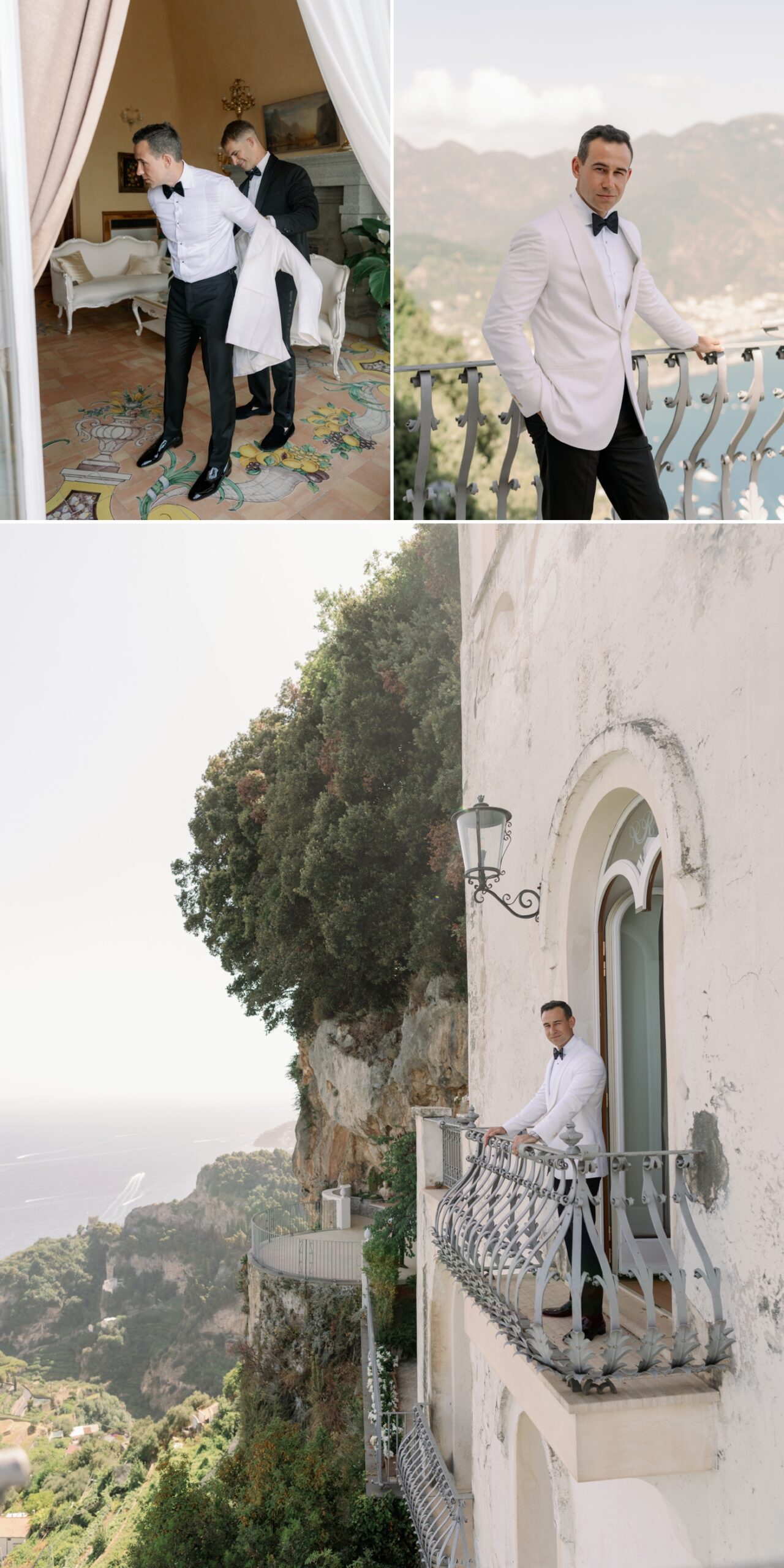 Groom posing on a juliet balcony at Villa La Rondinaia