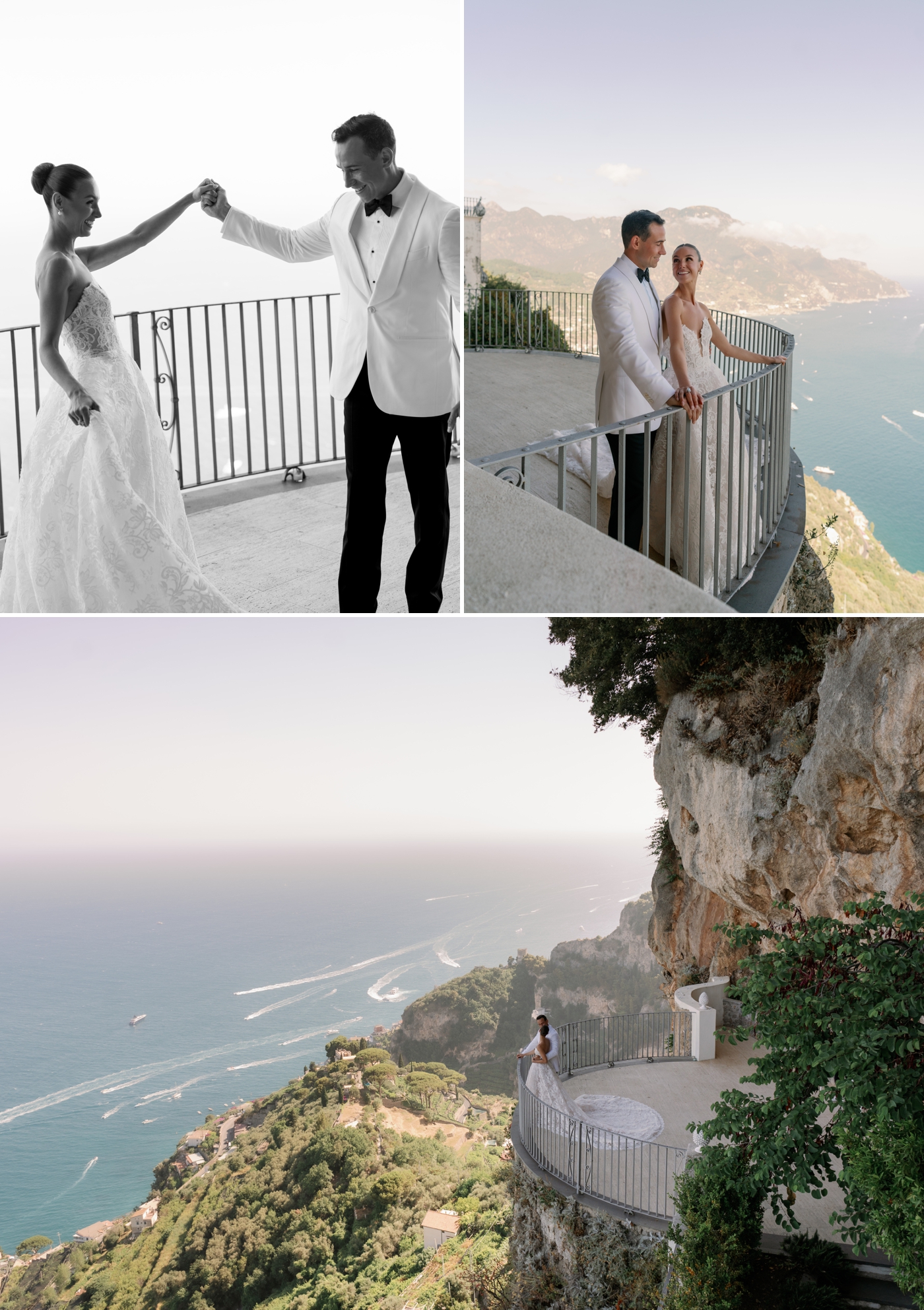 Bride and groom standing on a balcony that juts out of a cliffside overlooking the Amalfi coast