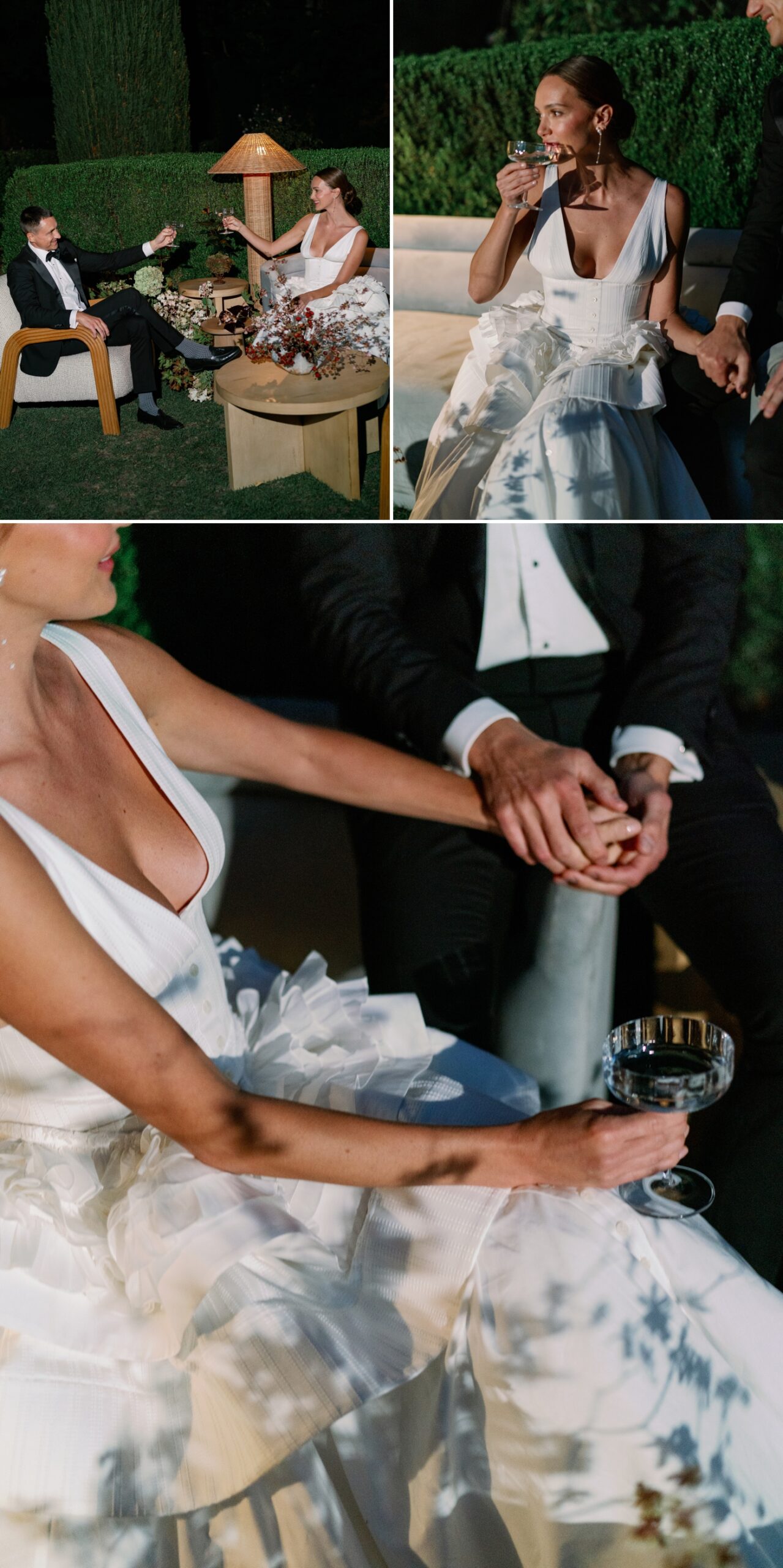 Bride and groom clinking glasses while sitting in an outdoor lounge space 