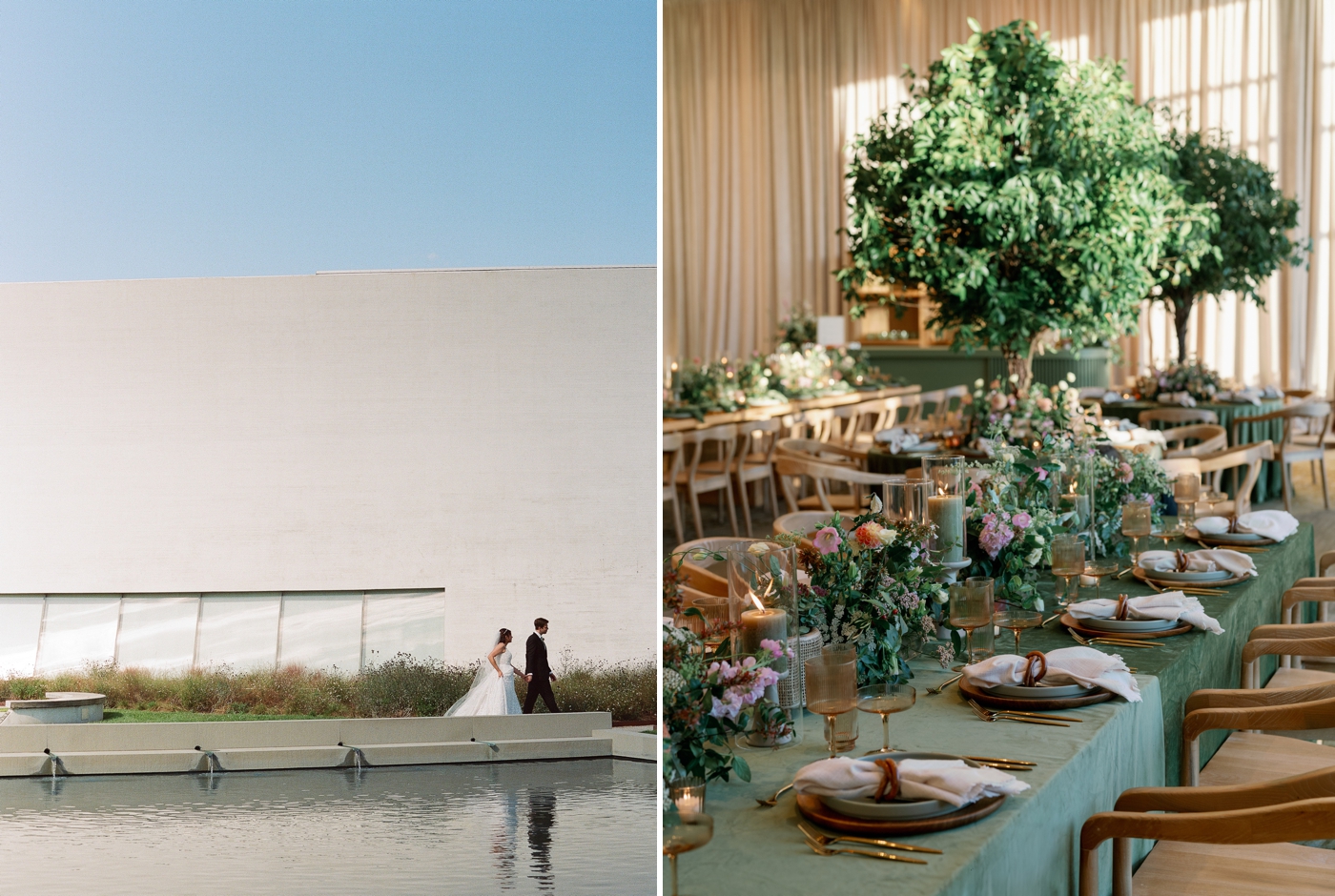 indoor wedding reception space with green velvet tablecloths, wild flowers and candles with trees in the background 