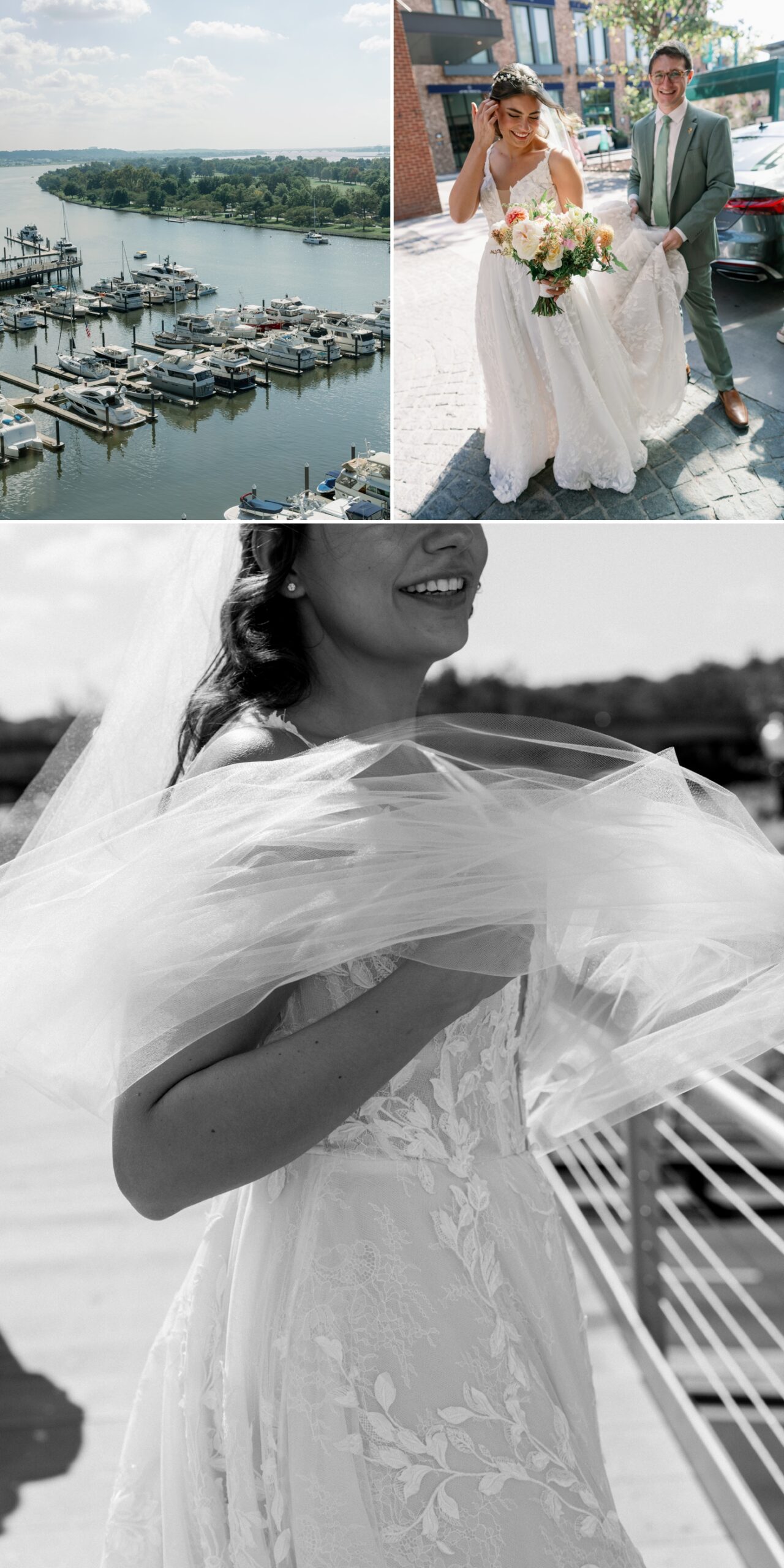 black and white photo of bride's veil wrapped around her in the wind 