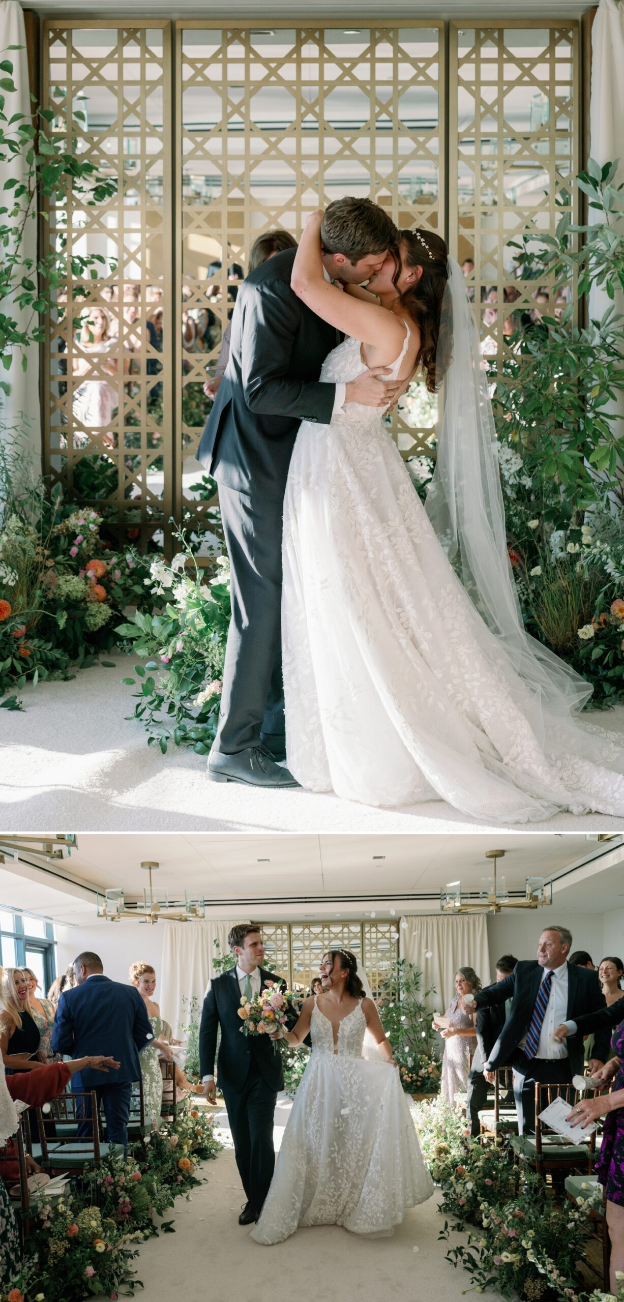 bride and groom first kiss during their wedding ceremony 