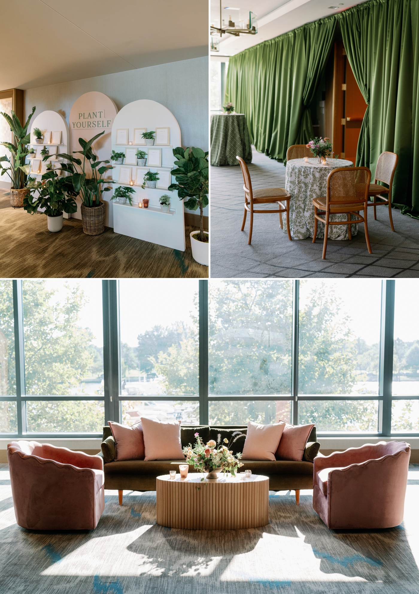 "Plant Yourself" wedding seating chart made of three arches with plants and frames with names and table numbers