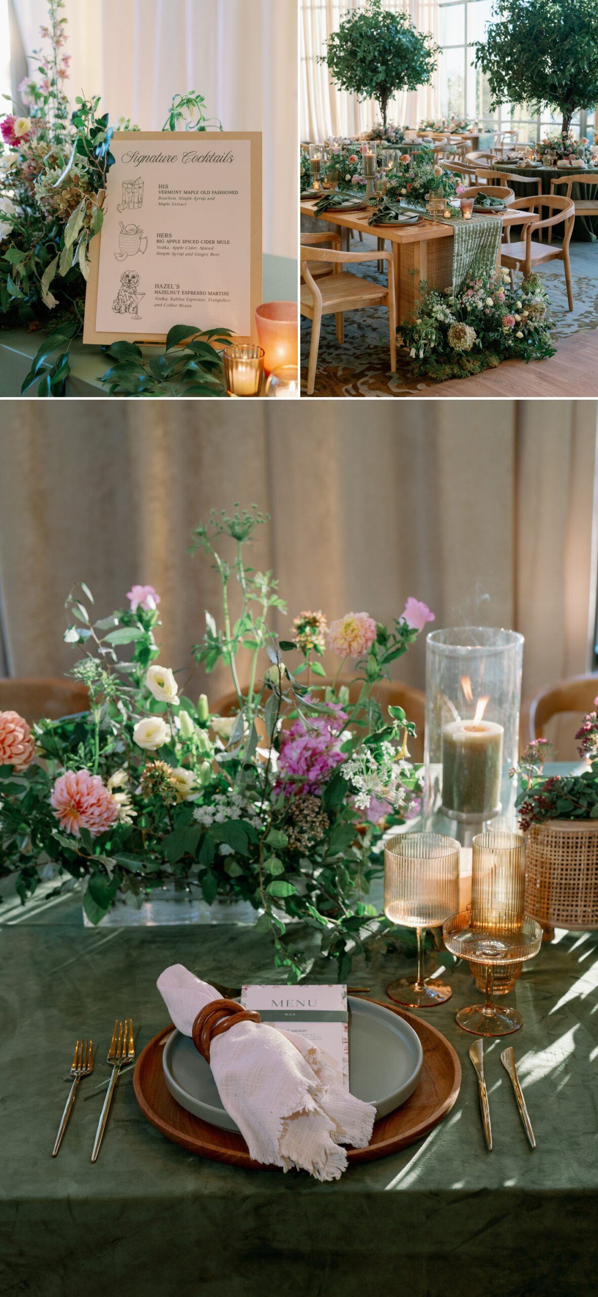 wedding place setting with green suede tablecloth, wooden charger, green plates, amber glassware, and assorted wildflowers