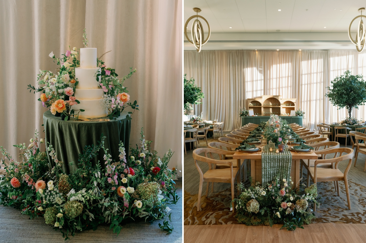 four tiered white wedding cake surrounded by assorted wildflowers