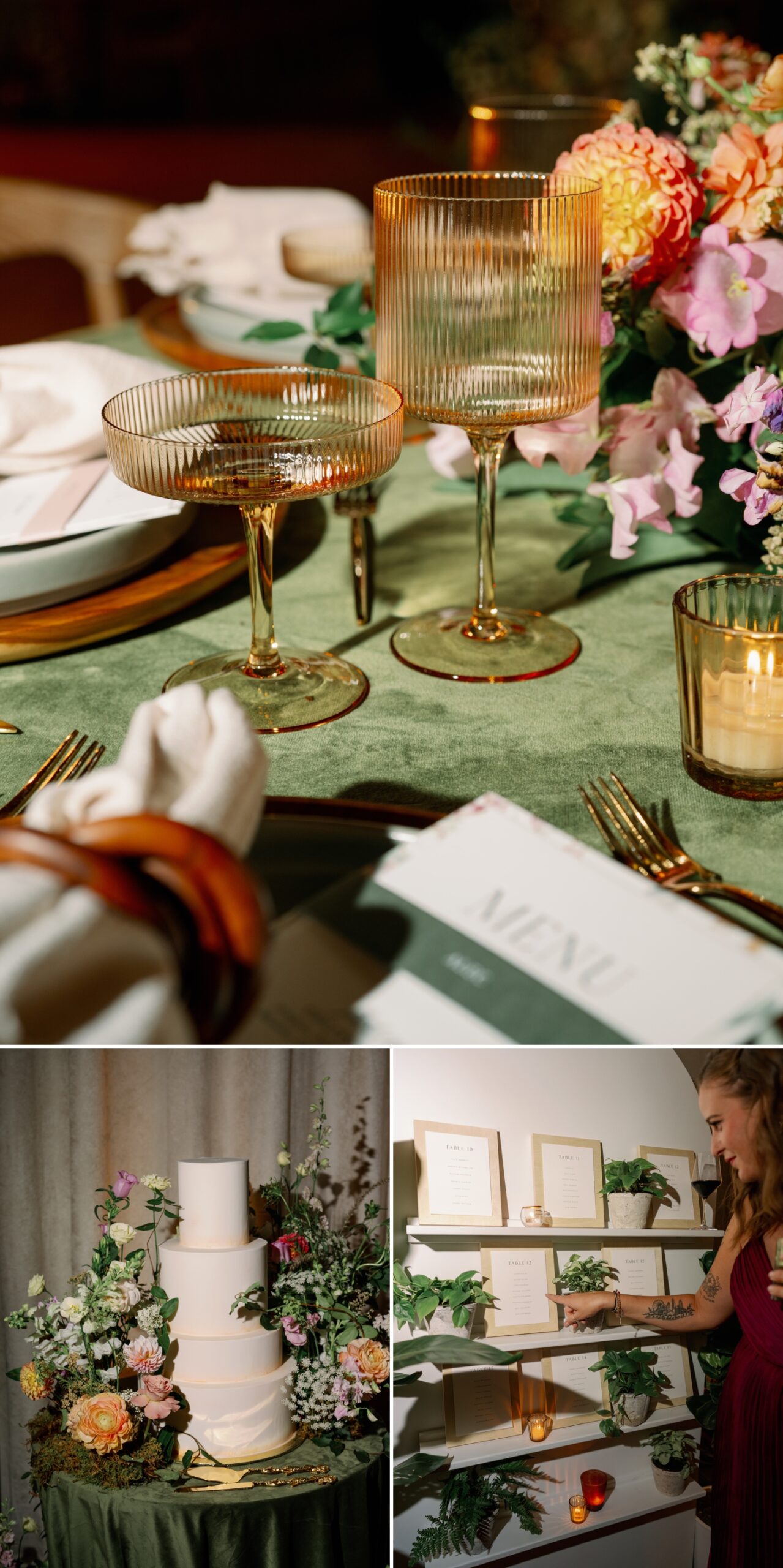 amber glassware on suede green tablecloth with florals and plates in the background 