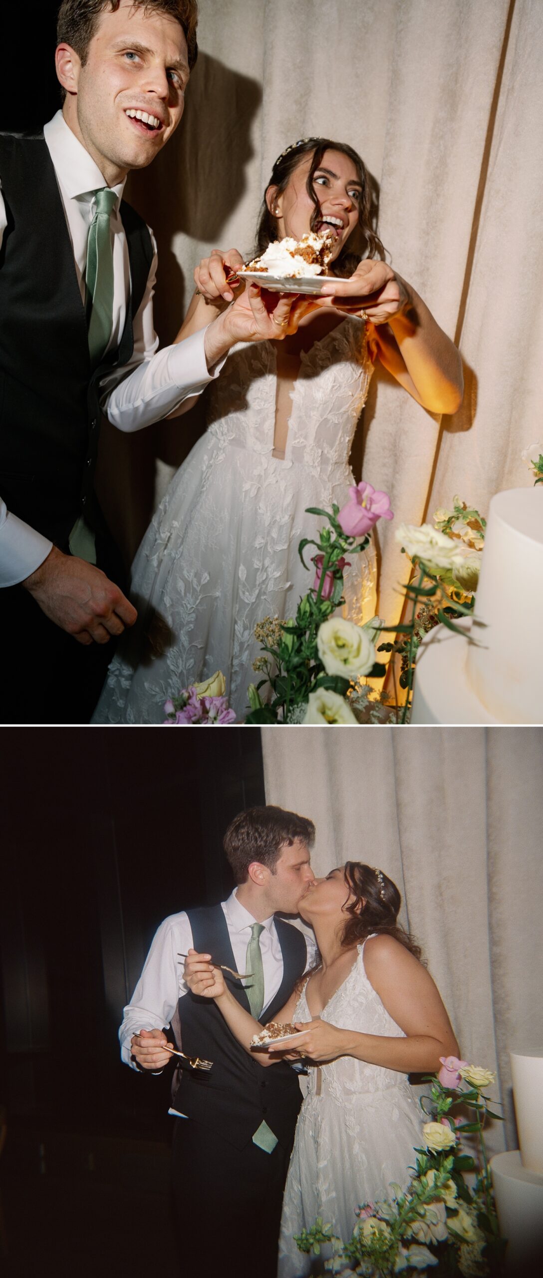 bride and groom holding up their first slice of wedding cake 