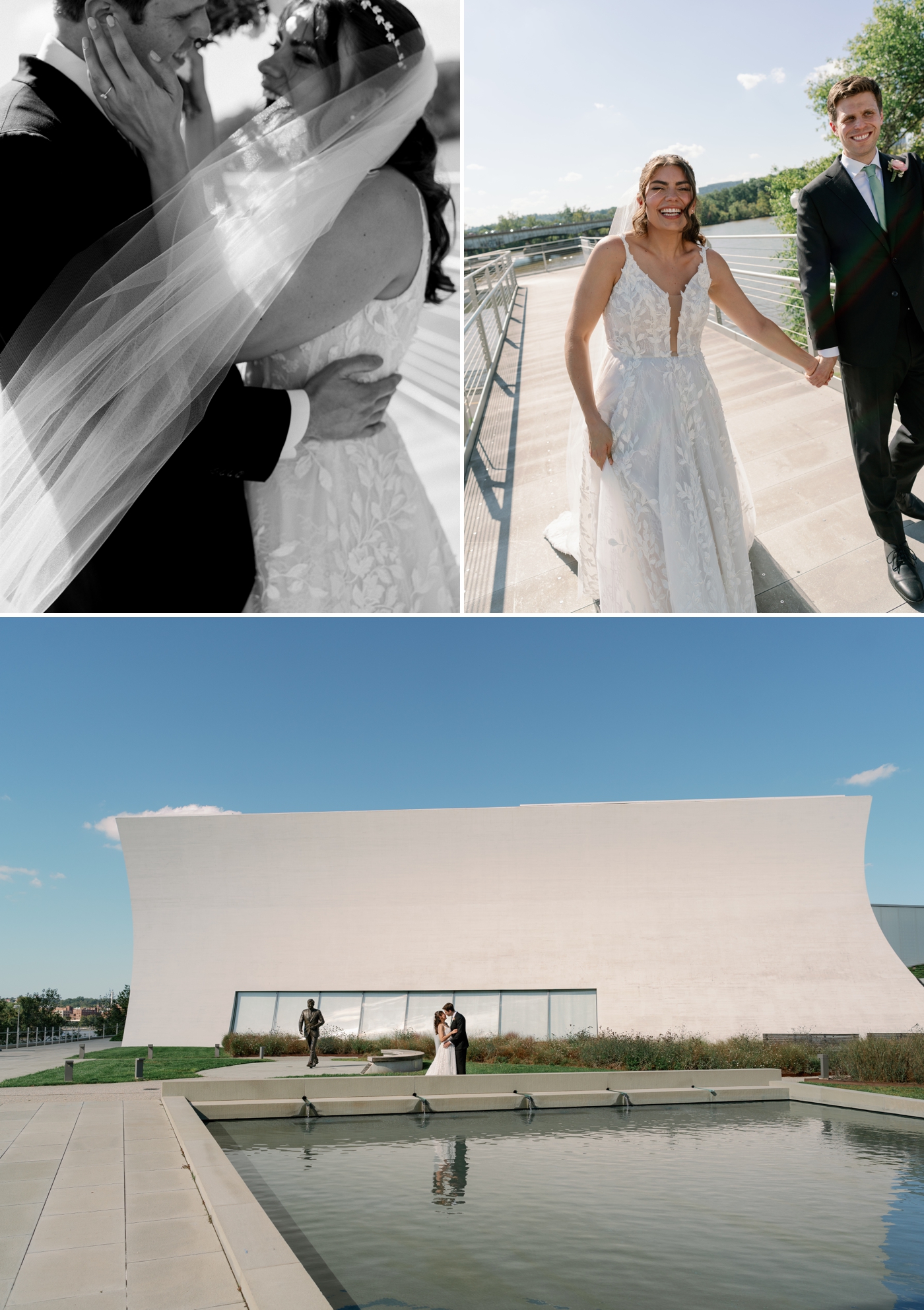 Bride and groom walking along the riverfront at the Kennedy Center in DC 