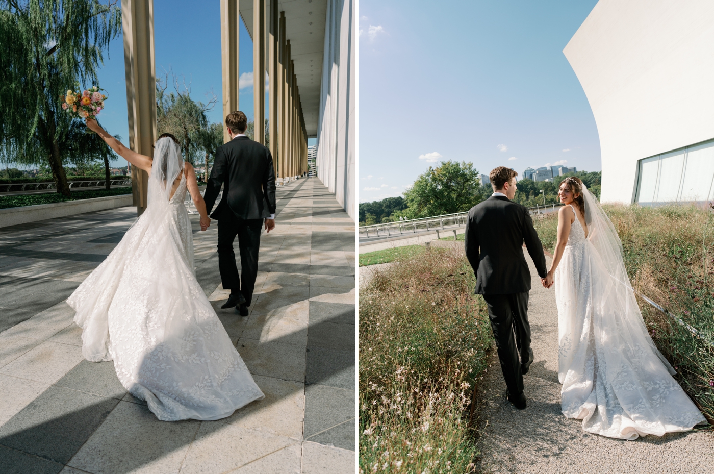 Bride and groom wedding portraits outdoors at the Kennedy Center 