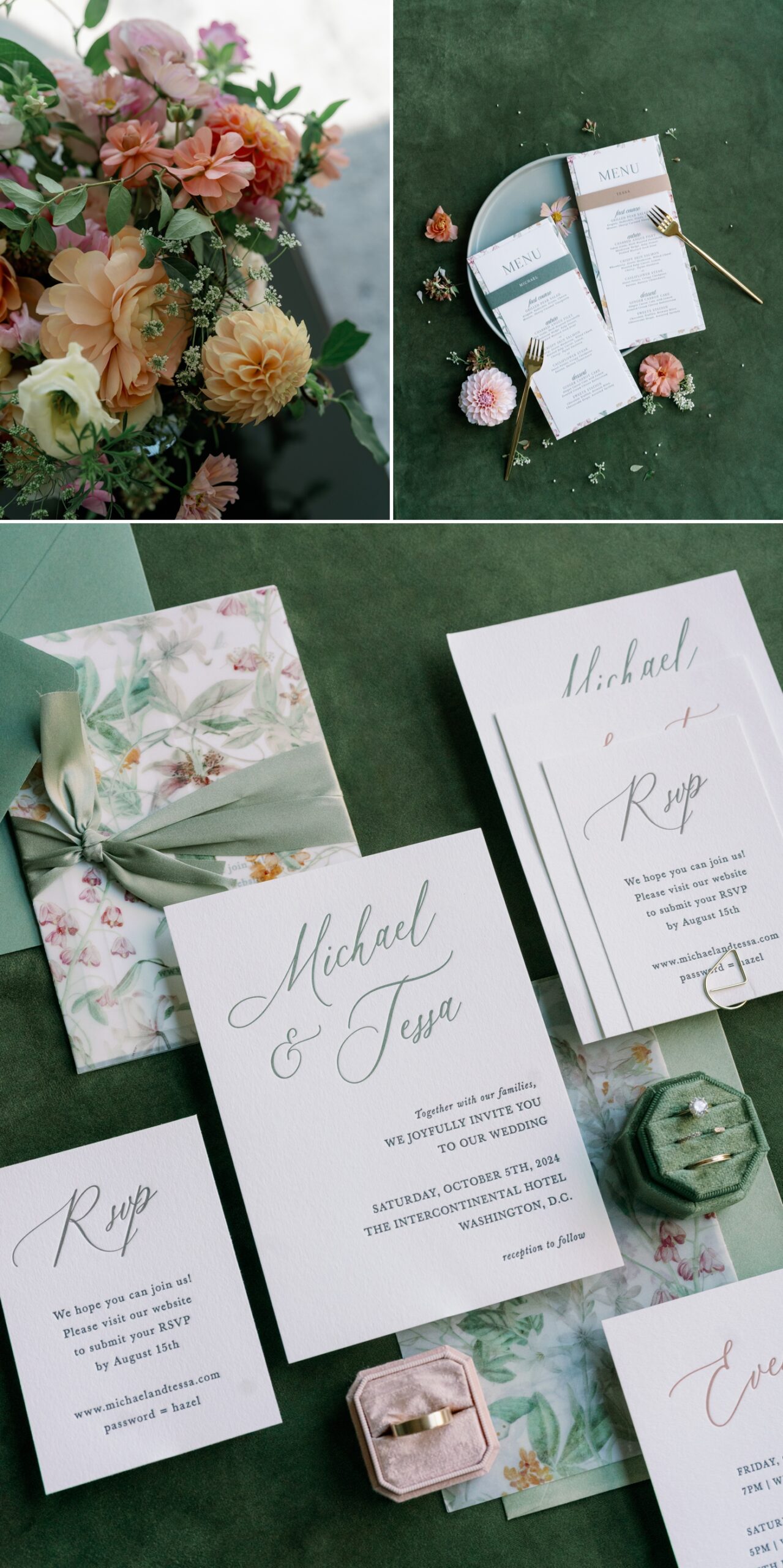 white wedding invitations with sage green text describing a wedding for Michael and Tessa at the Intercontinental Hotel in Washington DC 