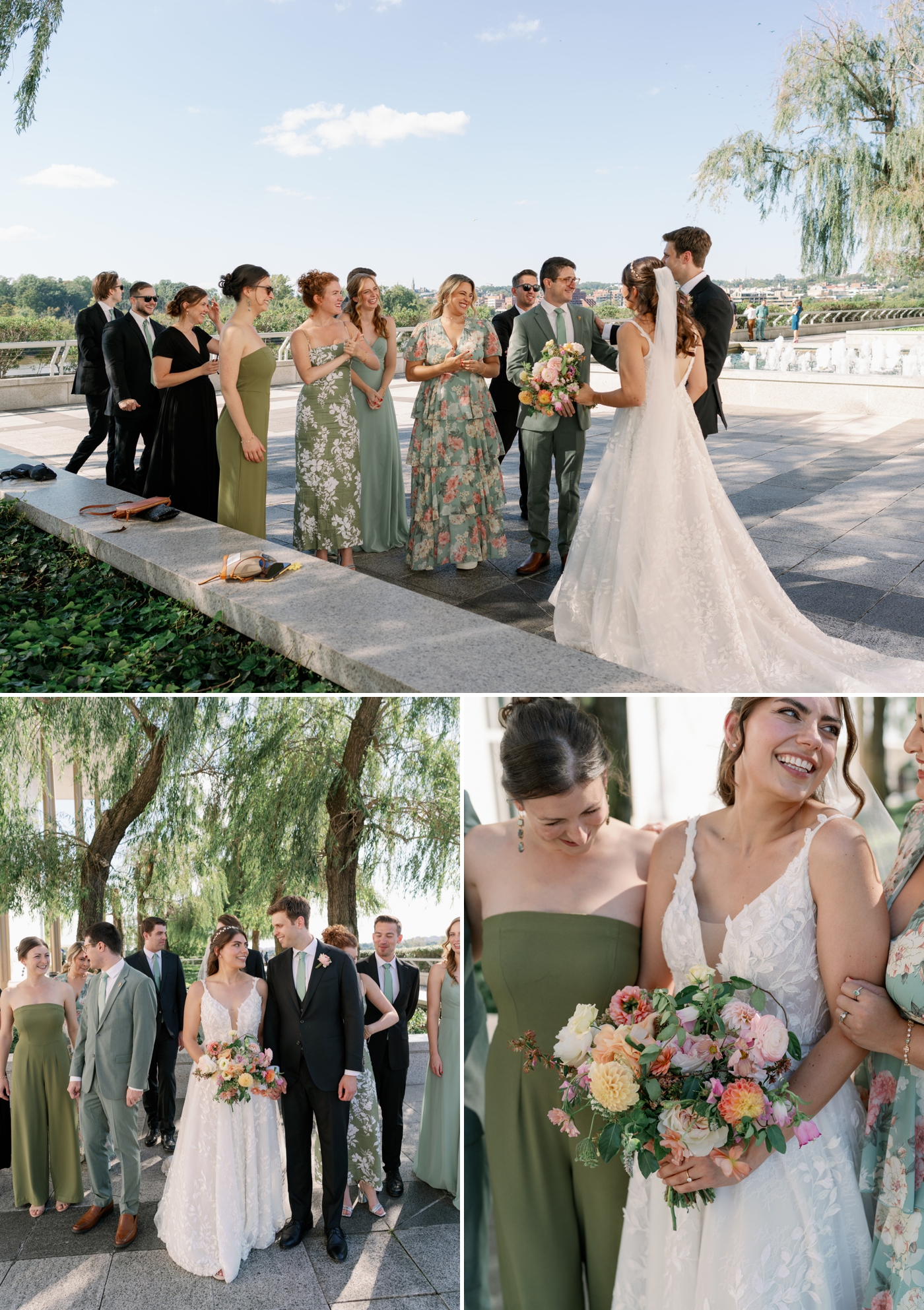 bride and groom surrounded by mixed gender wedding parties in assorted shades of green and black 