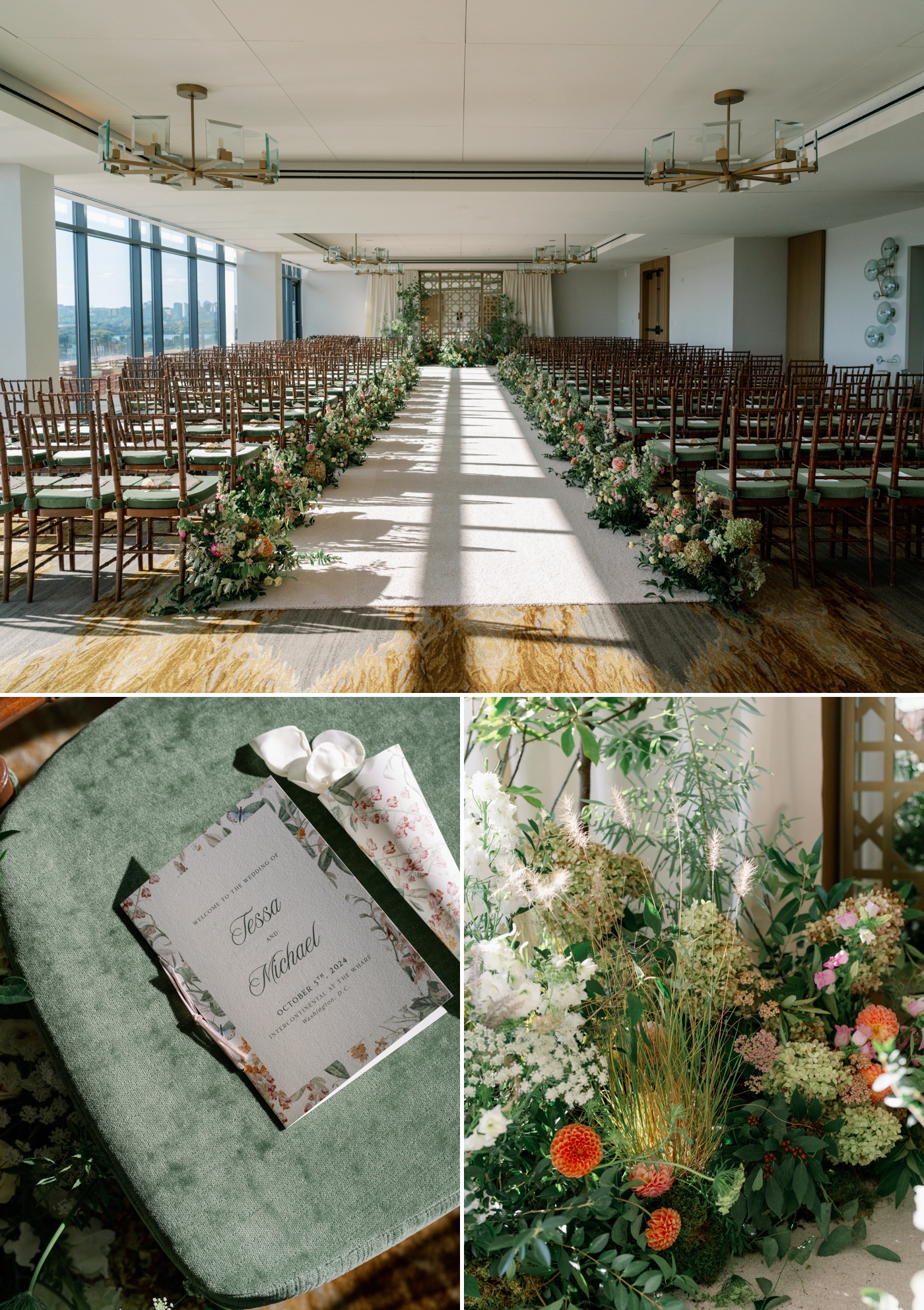 indoor wedding ceremony space at the intercontinental hotel in washington dc with lots of colorful floral arrangements and floor to ceiling windows on the left