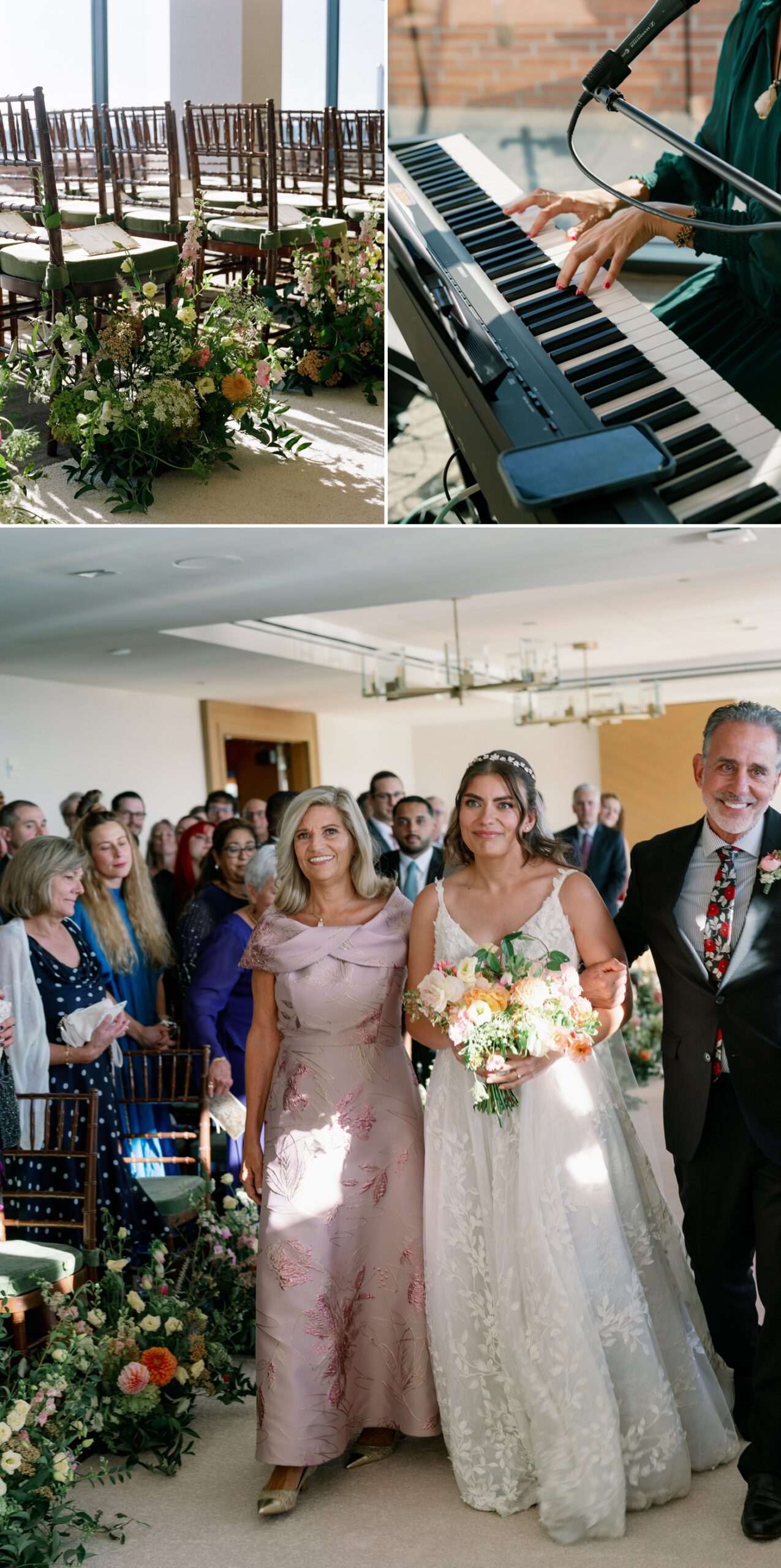 bride walking down the aisle with her mother and father 