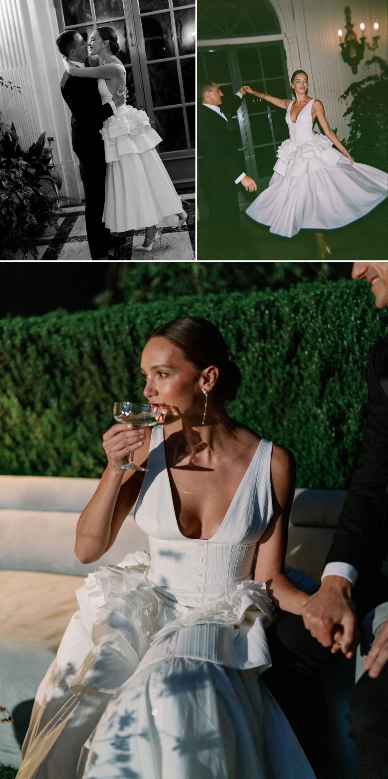 bride wearing white midi reception dress with a deep v-neck, button detailing and ruffles at the waist