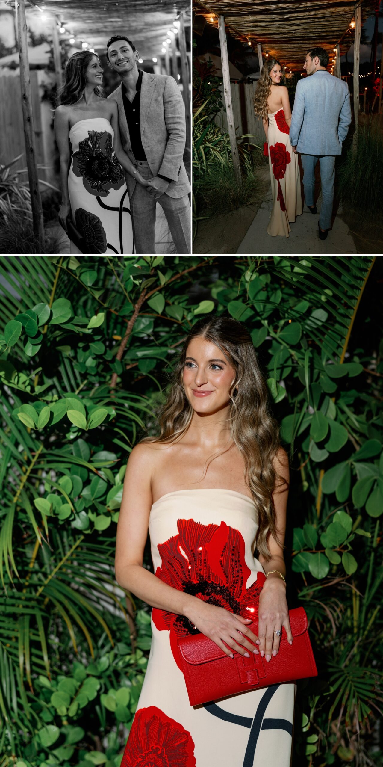 bride wearing cream dress with large red flower pattern while groom wears pale blue suit